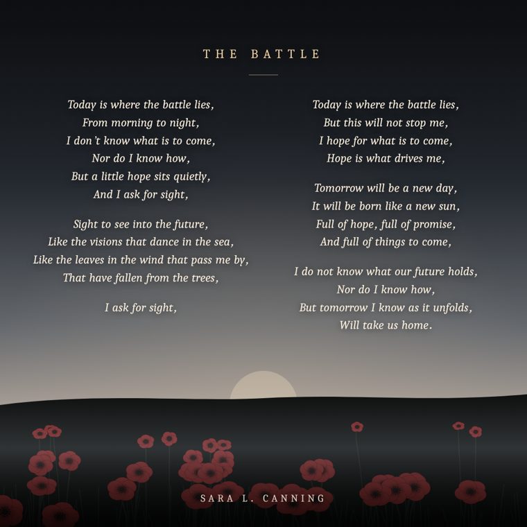 The poem The Battle by Sara L. Canning, over a poppy field at dusk