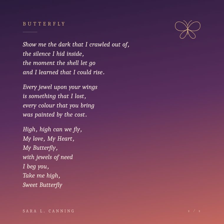 The poem Butterfly by Sara L. Canning, on a violet and rose gradient
