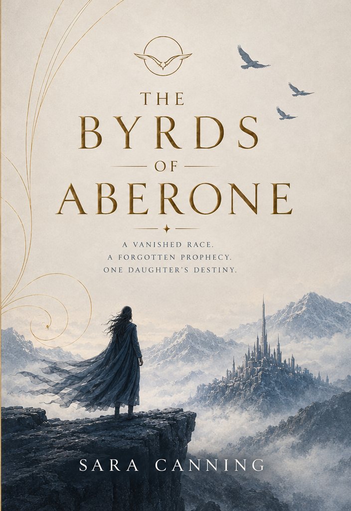 Cover of The Byrds of Aberone: a cloaked woman stands on a cliff above a misty mountain city