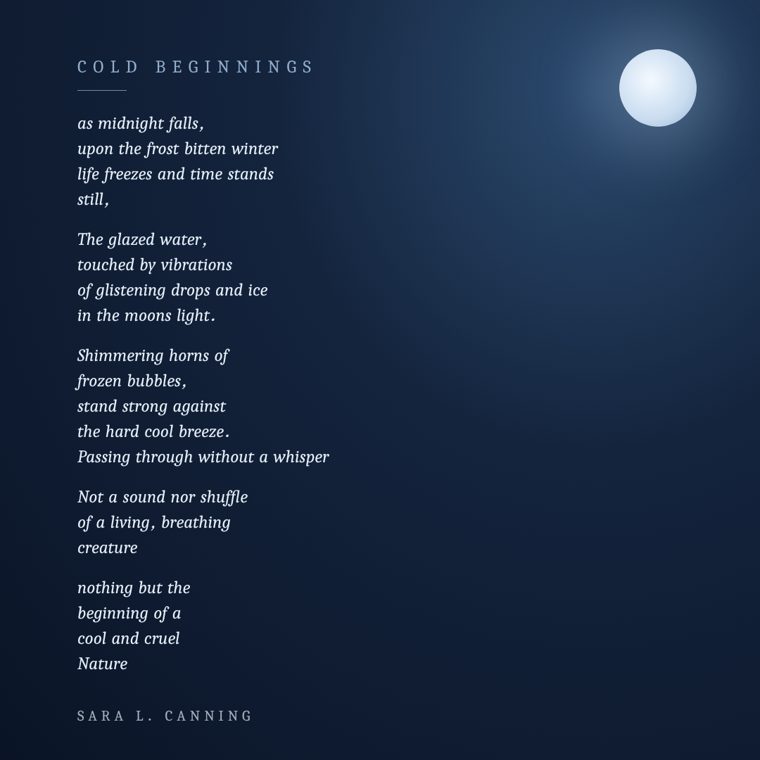 The poem Cold Beginnings by Sara L. Canning, under a winter moon