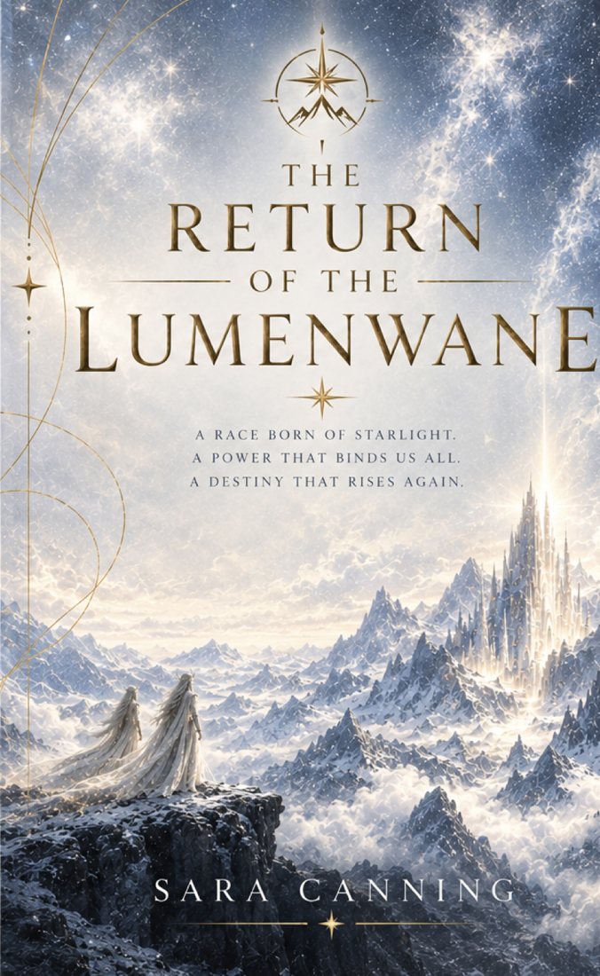 Cover of The Return of the Lumenwane: two white-robed figures look towards a crystal city